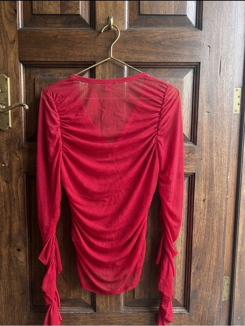 GUESS dark pink Ruched Mesh Button-Front V-Neck Top - Picture 2 of 4